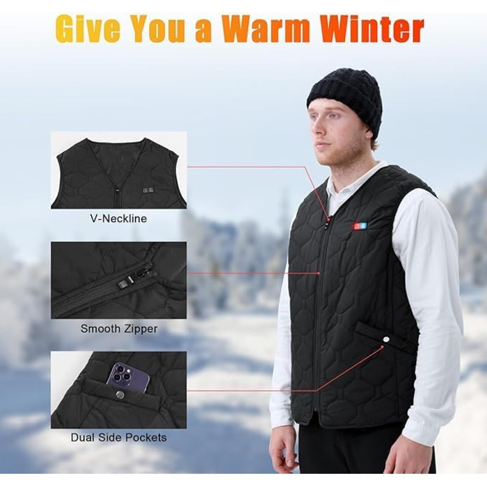 Електрична гріюча жилетка для чоловіків Rrtizan з акумулятором 10000mAh, 15 зон нагріву, 3 режими температури, чорна, XL