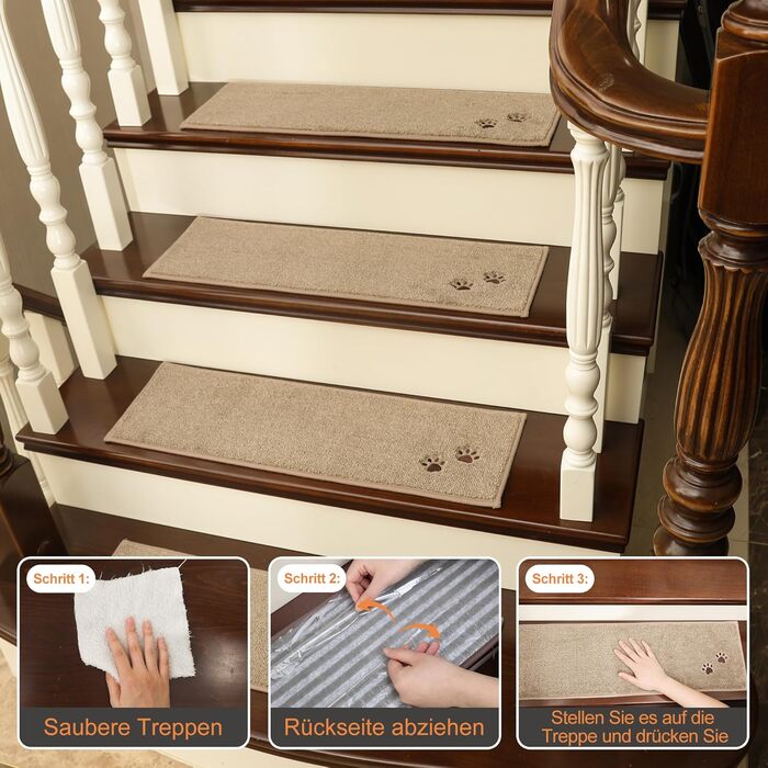 BEQHAUSE Non-Slip Stair Treads - 15 Piece Set, Washable Carpet for Stairs - Safe for Kids, Seniors & Pets - 22x70cm Beige