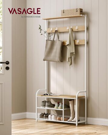 VASAGLE Coat Rack, Wardrobe, Clothes Rack with 9 Hooks, Shoe Bench, Shelf, 30 x 85 x 180.5 cm, for Entryway, Bedroom, Small Apartments, Industrial Design, Vintage Brown-Black HSR409B01 (Oak Color + White)