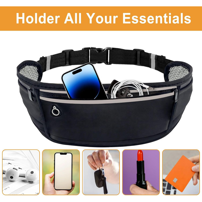 Пояс-сумка для бігу та спорту: водонепроникний пояс з 3 кишенями для телефону (до 18.3 см)