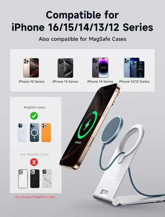 Бездротова зарядка JSAUX MagSafe 15W для iPhone 17 Air Pro Max, iPhone 16/15/14/13/12, AirPods 3/2, блакитна