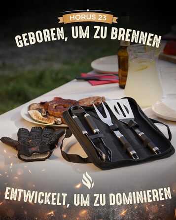 HORUS 23 Набір аксесуарів для гриля – 4 предметний набір: щипці, лопатка, виделка та термостійкий рукавичка