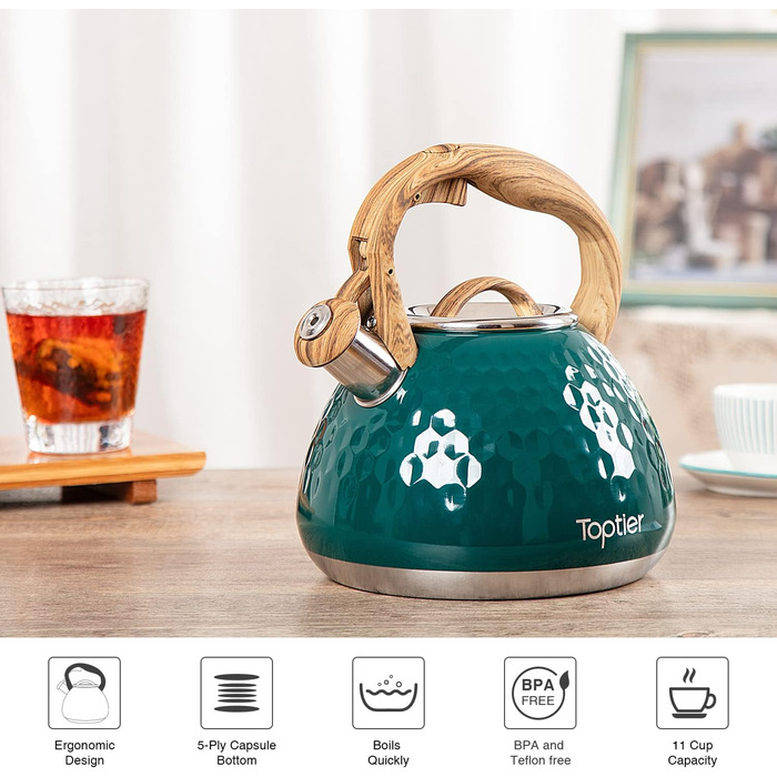 Чайник для заварювання чаю Toptier з дерев'яною ручкою, гучний свисток, нержавіюча сталь, чайник для великої родини, індукційна плита, діамантовий дизайн, 2.7 л (темно-зелений)