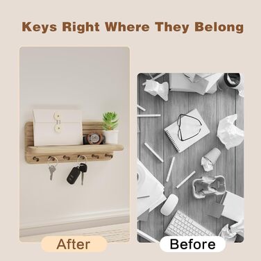 Дерев'яне ключове дошка з полицею та 6 гачками для прихожей, коридору, кухні