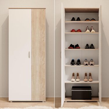 Stella Trading 3 Shoe Cabinet Tall, White - Versatile Multi-Purpose Cabinet with Adjustable Shelves - 70 x 176 x 35 cm (W/H/D) (Sonoma Oak / White)