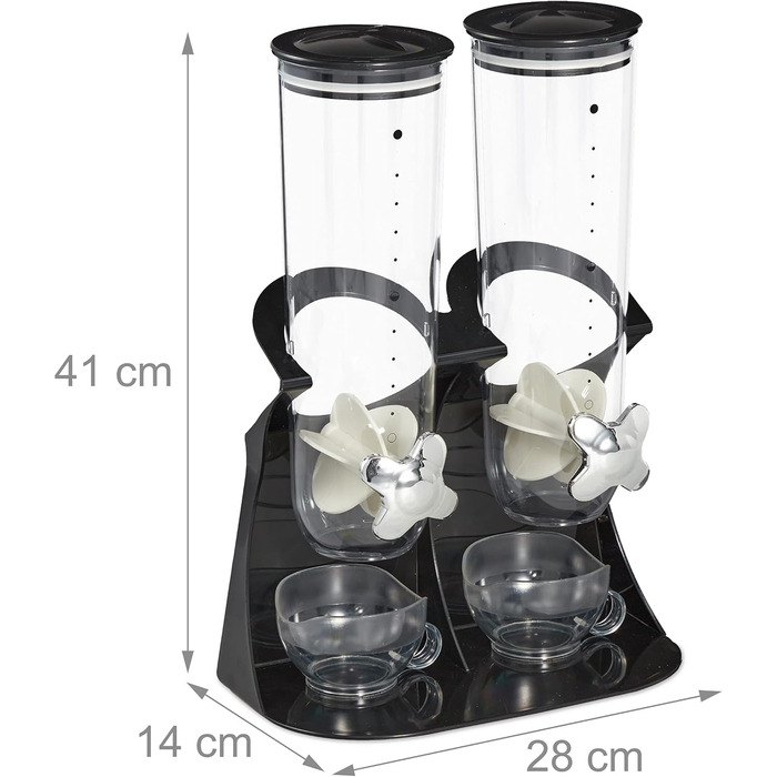 Relaxdays Double Cereal Dispenser, Cereal Dispenser for Muesli, Cornflakes, Sweets, Snack Dispenser Plastic, Black, 1 Piece