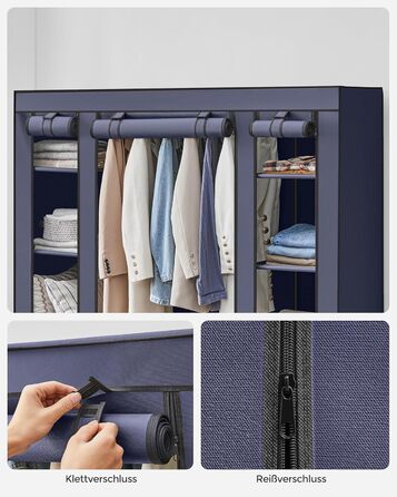 SONGMICS Clothes Closet, Fabric Closet, with Clothes Rod and Shelves, Fabric Cover, for Bedroom, Dressing Room, 150 x 45 x 175 cm, LSF03H (Navy Blue)