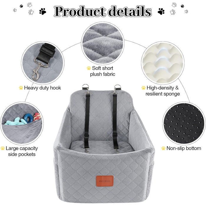 Автокрісло для собак середніх та маленьких порід, сіре, з кишеньками для зберігання та поводок. З піднятою спинкою.