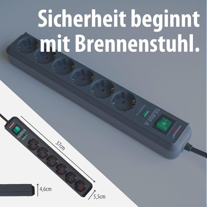 Многорозеткова мережева панель Brennenstuhl 6-фазна з захистом від перенапруги та 1,5м кабелем (Eco-Line з вимикачем та підвищеним захистом від дотику), антрацит