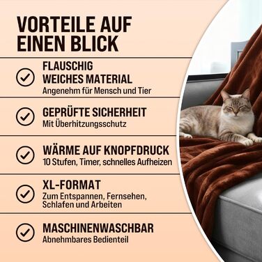 Електрична ковдра Monzana® 180x130 см, 120 Вт, 10 режимів нагріву, таймер, захист від перегріву, чорна/коричнева