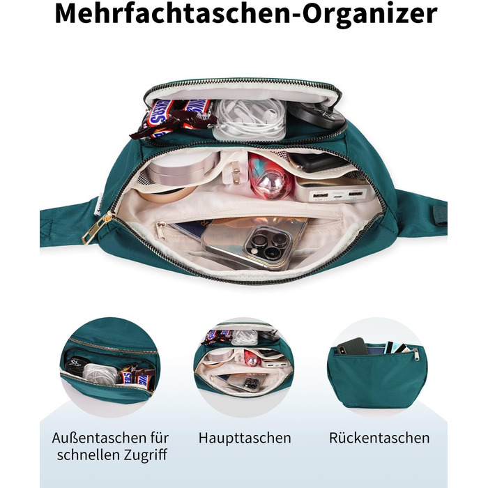 Сумка на пояс для жінок та чоловіків, стильна, з 4 кишенями на блискавці та регульованим ремінцем, ідеальна для подорожей та піших прогулянок (Patent Pending), колір: бірюзовий