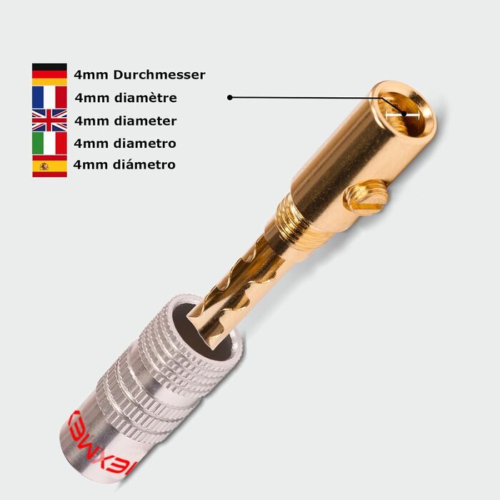 NEXMEX Бананові конектори 4мм - набір 4 шт. - Золото 24K - для акустичних кабелів - Hi-Fi аудіо