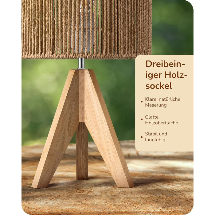 LED настільна лампа EDISHINE з абажуром з ручної роботи та дерев'яною ніжкою, 2700K, тепле біле світло, бохо стиль, для спальні, вітальні, готелю, з лампочкою E27 4W, в'язаний паперовий шнур