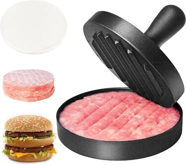 Прес для бургерів з нержавіючої сталі Burgerpresse, з ABS-ручкою, антипригарне покриття, 11,5 см, 50 листів для паті, чорний