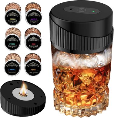Портативний електричний димогенератор для віскі - багатофункціональний набір для коктейлів з 6 дерев'яними трісками (без бутану) з вбудованим запальничкою