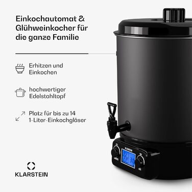 Klarstein Biggie Small - Canning Machine, Canning Pot, Preserving Pot, Mulled Wine Maker, electric, 16L capacity, 2000 Watt, adjustable temperature, timer up to 120 minutes, (Matt Black, 27 Liter (digital))