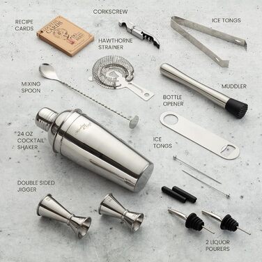 Набір бармена для коктейлів 14 предметів: шейкер, джигер, стрейнер - професійний набір для приготування коктейлів вдома та в барі. Бонус - рецепти коктейлів та коктейльні шпажки.