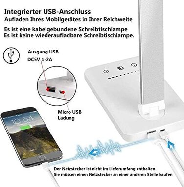 LED лампа настільна SLATOR з регулюванням яскравості, 5 кольорів та 10 рівнів, USB-зарядка, для читання, дітей, срібна, алюміній, QM019