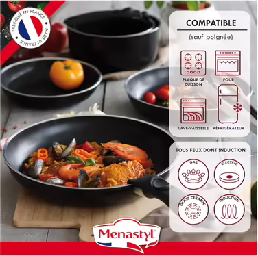 MENASTYL - 3-Piece Pan Set 24/28 cm + 1 Detachable Handle 6020283 – Pans made of aluminum for all types of stovetops including induction - Non-stick coating – Black