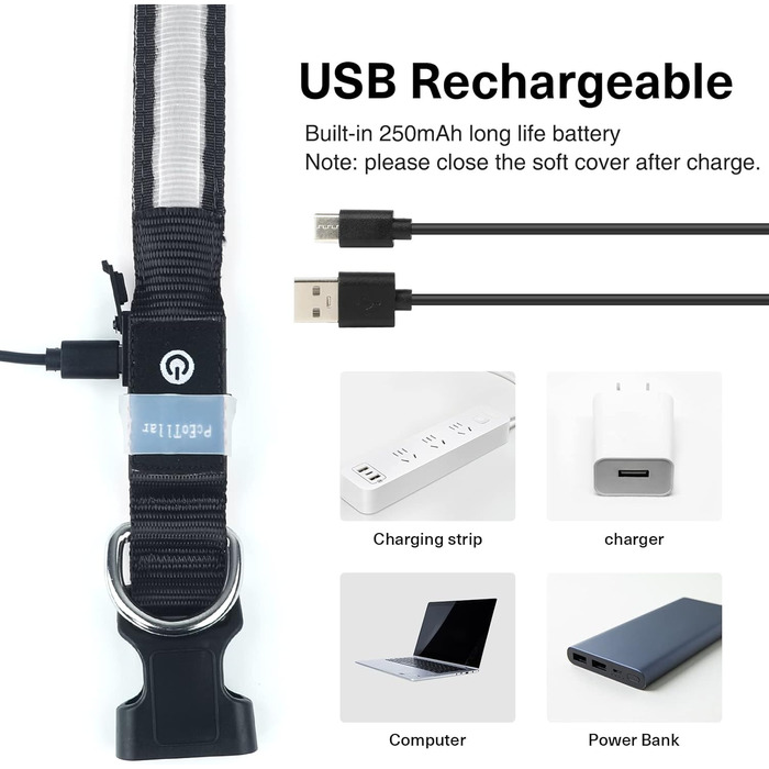 LED нашийник для собак, перезаряжається, вологостійкий, 7 кольорів, регульований, для малих та великих собак, 8 режимів, чорний, M (38-50 см)