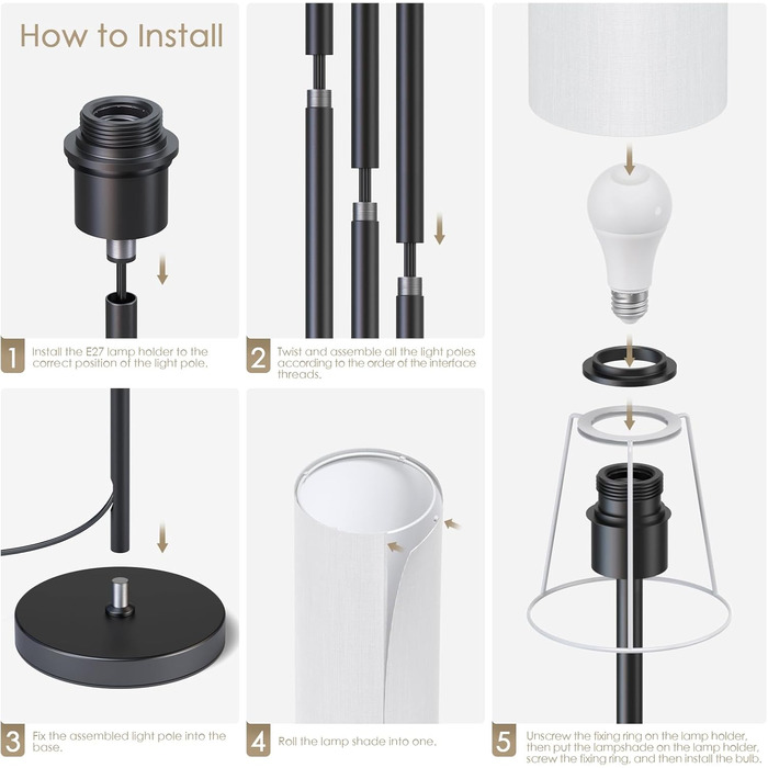 Світлодіодна торшер 9W з регулюванням яскравості, 3 колірні температури, Е27, абажур з льону, вимикач на корпусі, вінтажний дизайн, сірий