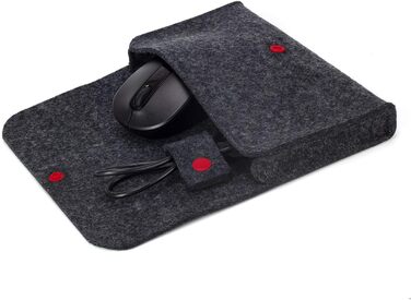 Wool felt bag for electronics accessories, anthracite color, red button