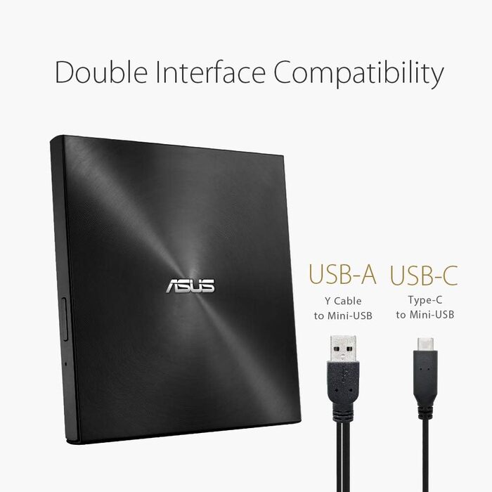 Зовнішній DVD-записувач Asus ZenDrive U9M з інтерфейсом USB-C та USB-A, чорний