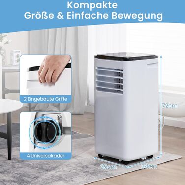 Мобільний кондиціонер COSTWAY 9000 BTU з витяжним шлангом: 4-в-1 (охолодження, вентилятор, обігрів, осушувач), з режимом сну, таймером 24 години, пультом дистанційного керування