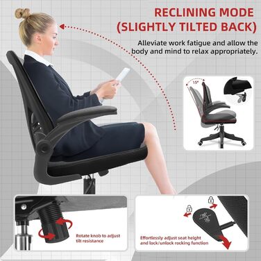 Офісне крісло для комп'ютера з регулюванням висоти, підлокітниками, сітчастою спинкою, функцією гойдання та підтримкою попереку, чорне (для офісу та дому)
