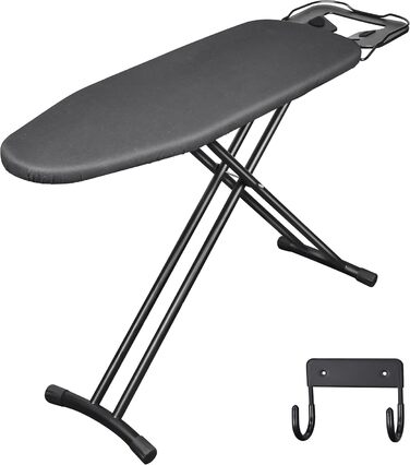 BBTEQEKN Height-Adjustable Deluxe Ironing Board, size 140 x 38 cm, foldable extra-wide ironing board with hook, ironing board made of thick steel suitable for most steam irons (Black)