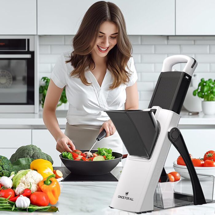 Мандоліна слайсер ONCE FOR ALL Upgrade: великий, регульований, для овочів та фруктів, знімач картоплі фрі, знімні леза (чорно-білий + ніж для очищення)