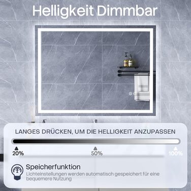 Дзеркало для ванної кімнати HySail з підсвічуванням, 5 мм, висока роздільна здатність, срібне скло, 3 колірні температури, регульована яскравість, сенсорний вимикач, антизапарник, 80 x 60 см