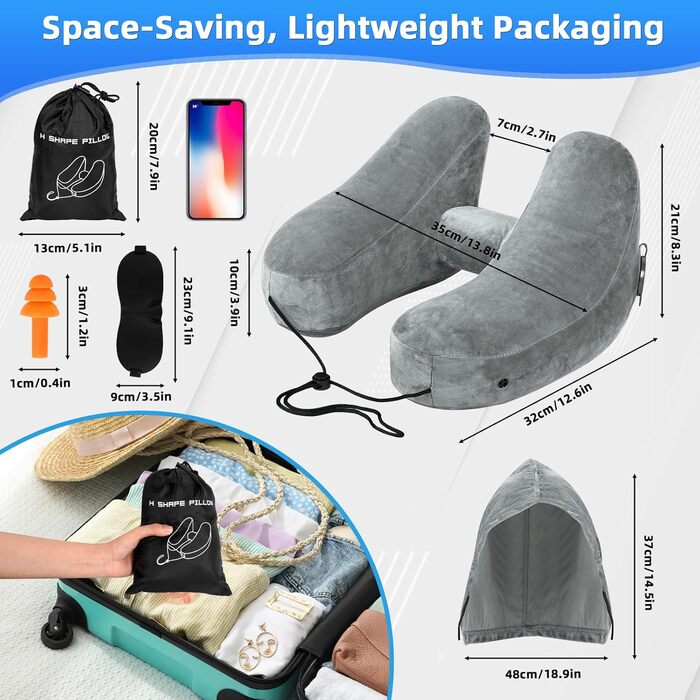 Подушка для шиї в літак надувна, подушка-літачок, подушка для дорослих з підголовником, капелюх, сумка, маска для сну, навушники для подорожей, авто, офіс (сіра)