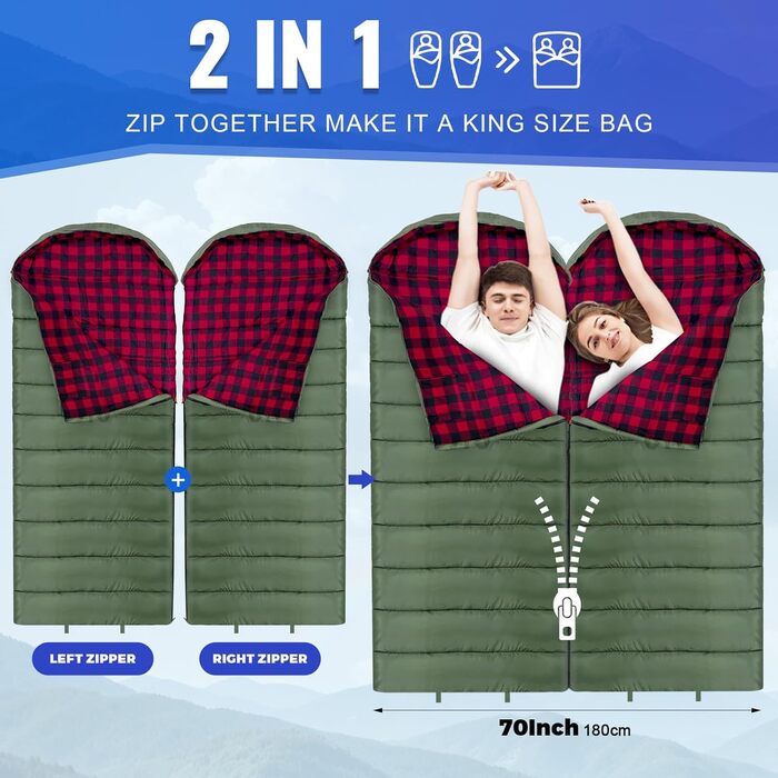 Спальний мішок Keencamp Flanell Warmer для кемпінгу та відпочинку на природі - 3-4 сезони, бавовняна підкладка, до -1°C, XXL, 230x90 см (Olive-L-Zip)