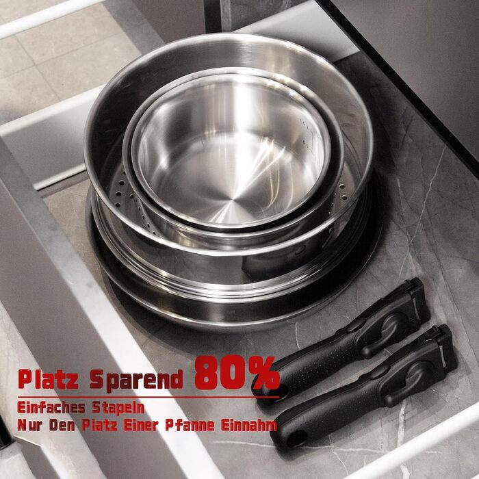 Набір каструль та сковорідок ROYDX з нержавіючої сталі 18/10 з знімними ручками, індукційне дно, стік, з кришкою, без PTFE PFOA, 10 предметів, придатний для миття в посудомийній машині та духовці