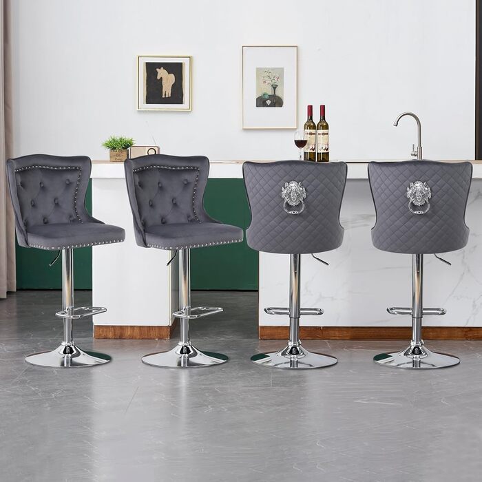 KHISCHMO Set of 4 Velvet Bar Stools - Modern Kitchen Counter Stools with Lion Paw Pulls - Adjustable Height, 360° Swivel - Black (Gray)