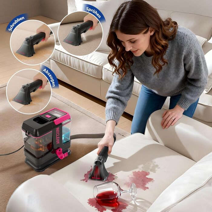 WECLEAN Миючий пилосос для килимів та м'яких меблів, портативний, 350W, двобаковий, чорний та рожевий