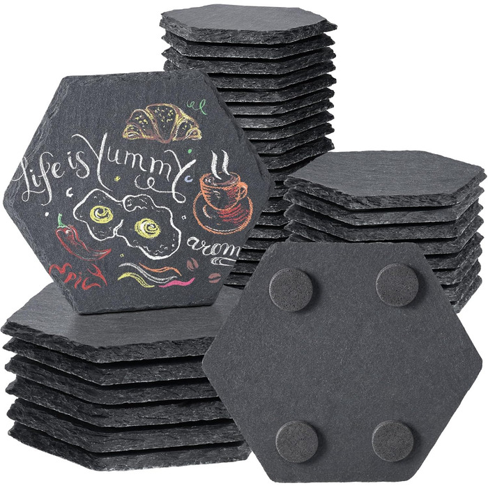 MAPRIAL 36-Piece Slate Coasters Bulk, 10.2 cm Hexagonal, Blank, Black Stone Coasters for Drinks, Natural, Handmade, Hexagon, Stone for Laser Engraving, Gifts, Engraving, Halloween
