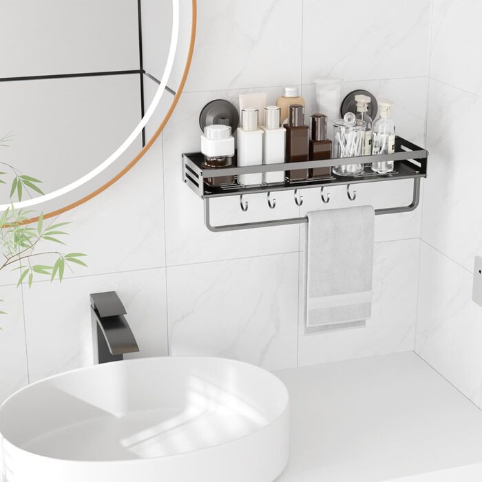 Поличка для душу Onemake з присосками, регульована, з гачками, органайзер для ванної кімнати з тримачем для рушників, матовий чорний (40 см, 1 шт.)