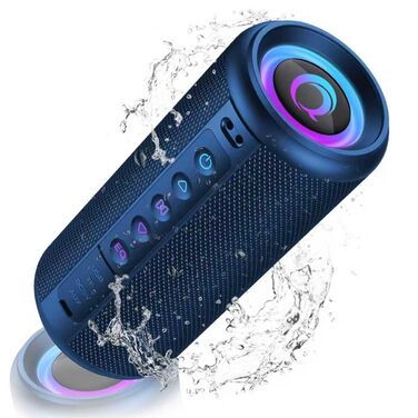 Bluetooth колонка 2026 з RGB підсвіткою, портативна, водонепроникна IP7, 20 годин роботи, з мікрофоном, для спорту, саду, вулиці - блакитна