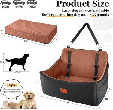 Wooaidagg Dog Car Seat for Medium & Large Dogs - Washable Memory Foam Pet Bed with 2 Leashes (Black/Brown)