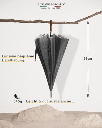 Стійкий до вітру парасолька Ø120см, великий парасолька XXL з відбиваючим краєм, 12 спиць, парасолька-тростина з чохлом - для чоловіків та жінок, оливковий (сірий)