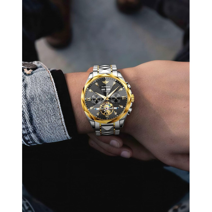 Чоловічий наручний годинник OLEVS G3316: аналоговий, водонепроникний, зі сталевим двоколірним ремінцем, чорним циферблатом, підсвічуванням та календарем
