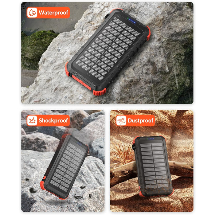 Сонячний Power Bank 26800mAh з PD15W, USB-C, 5 виходів, 3 входи, водонепроникний, з 3 кабелями, 2 ліхтариками та карабіном для кемпінгу, оранжевий