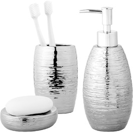 Набір для ванної кімнати Navaris Premium - Сріблястий, з дозатором мила, мильницею та стаканчиком для зубної щітки