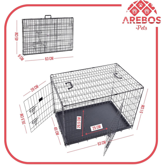 Клітка для собак Arebos | Транспортний бокс для собак, розкладний | Клітка-бокс для собак з 2 дверцятами | Клітка для собак в авто, для дому (63 x 45 x 51 см)