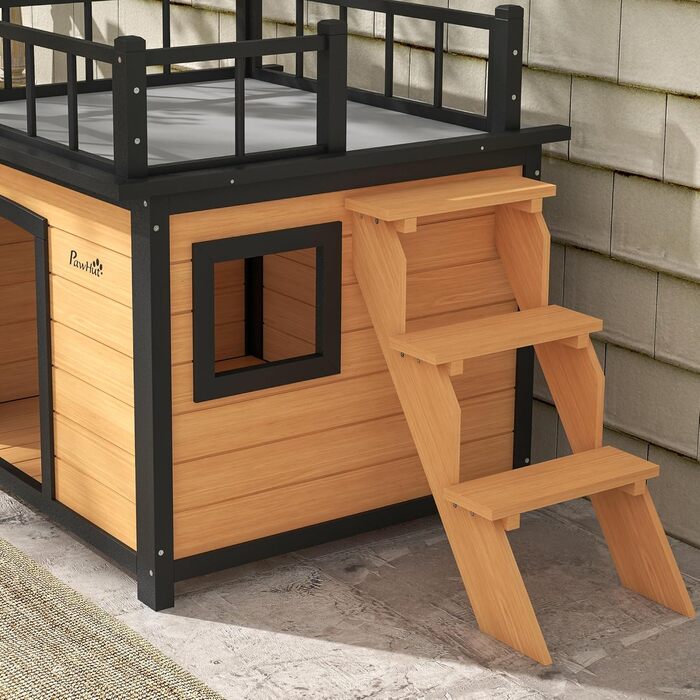 Павгут Будинок для собак з балконом, піднятий будиночок для дрібних тварин з сходами, вікно, печеринка для собак, для маленьких та середніх собак, сосна, жовтий, 121 x 77 x 78 см