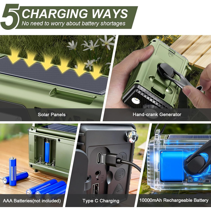 Сонячне радіо на ручку з Bluetooth, AM/FM/SW аварійне радіо з Powerbank 10000mAh, радіо на батарейках з SOS-сигналом, компас, LED-ліхтарик, лампа для читання, для відключення електроенергії, виживання, кемпінгу