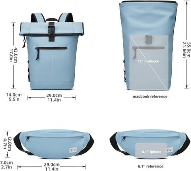 Водонепроникний рюкзак YTL Rolltop з відділенням для ноутбука 17 дюймів, великий рюкзак для жінок та чоловіків, для подорожей, школи, університету, велосипеда (Світло-блакитний)