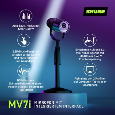 Мікрофон Shure MV7+ для подкастів, стрімінгу та запису – білий. USB/XLR, LED-сенсор, автоматичне регулювання рівня, цифровий поп-фільтр, ефекти реверберації.